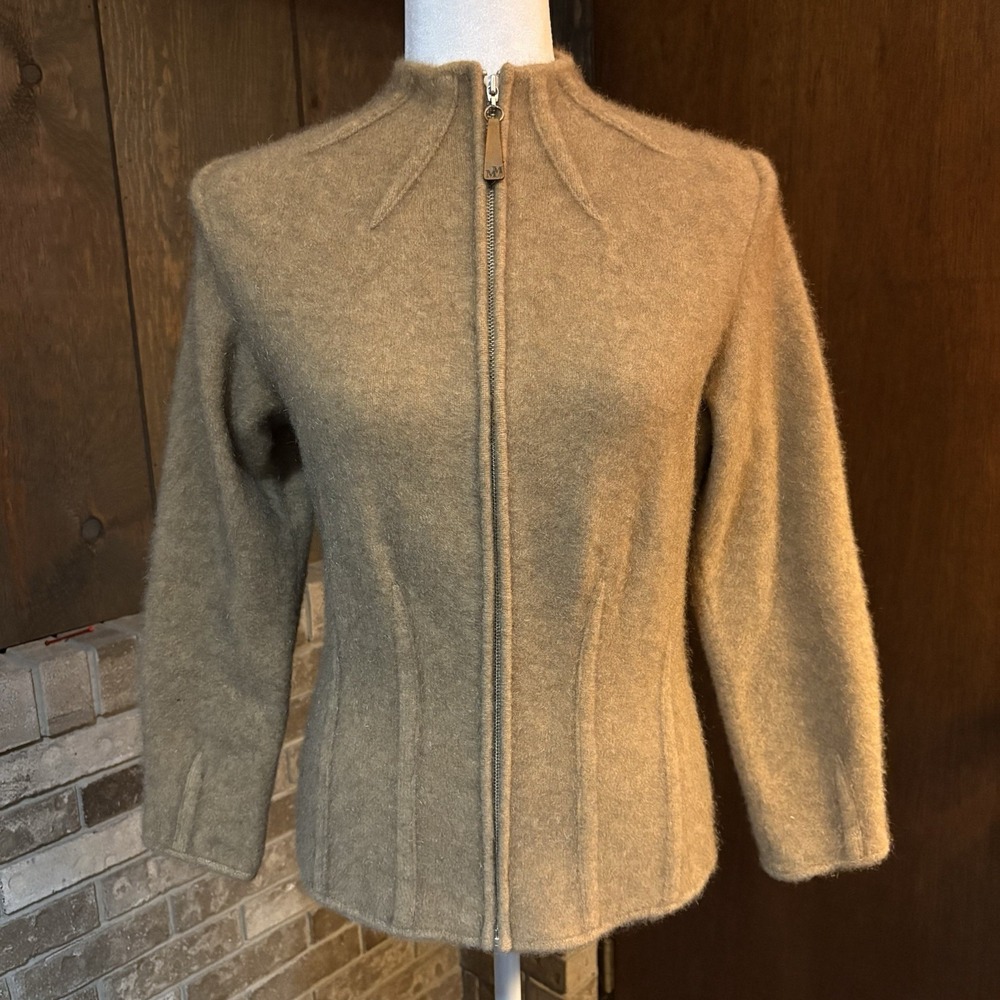 Merino Mink Sweater Wool Possum Fur Full Zip Jacket Cardigan Brown XS A1622